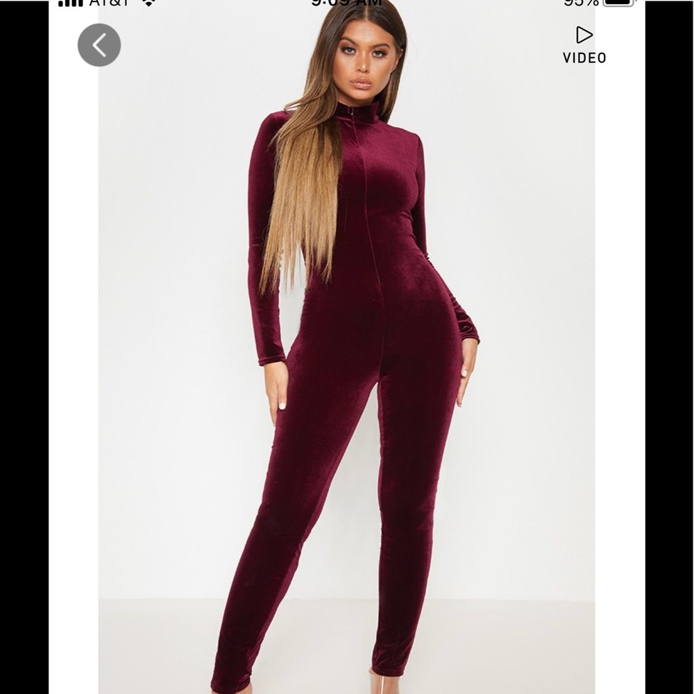 Wine Velvet Zip Front High Neck Jumpsuit